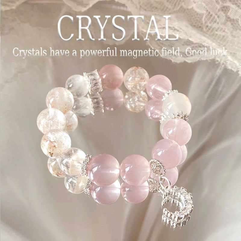 Healing Moon & Star Pink Rose Quartz and Clear Crystal Bracelet