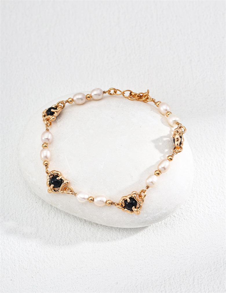 S925 Sterling Silver Vintage Natural Pearl and Black Onyx Bracelet – Adjustable Chain