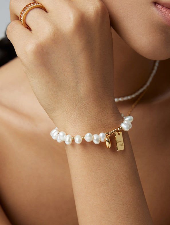 S925 Silver Rice Pearl Bracelet with Good Luck & Heart