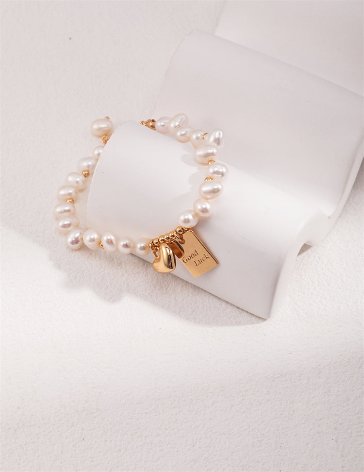 S925 Silver Rice Pearl Bracelet with Good Luck & Heart