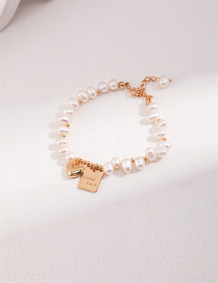 S925 Silver Rice Pearl Bracelet with Good Luck & Heart