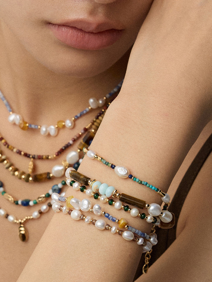 Vintage Pearl, Lapis Lazuli & Turquoise Bracelet – 925 Sterling Silver for Birthday Gift