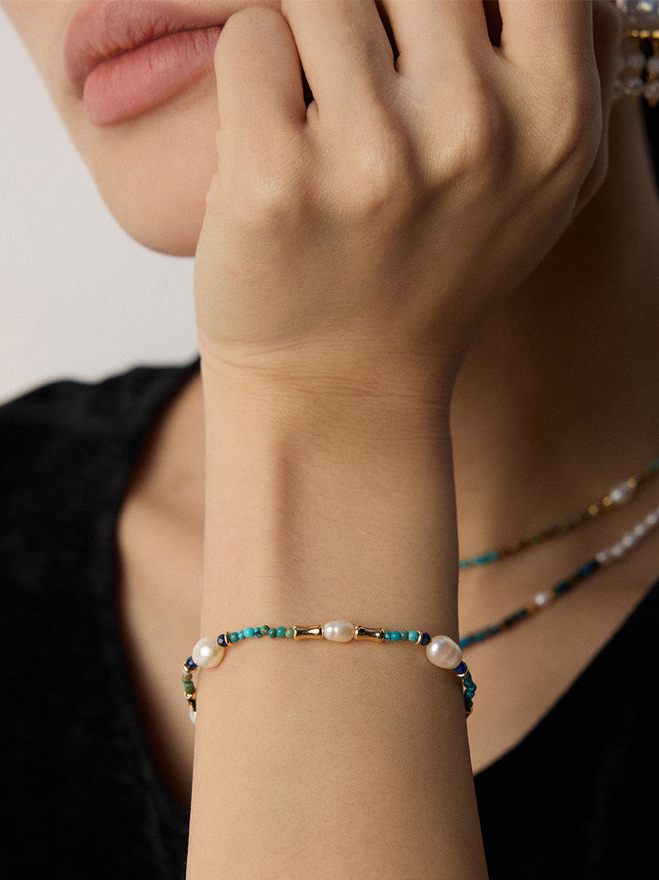 Vintage Pearl, Lapis Lazuli & Turquoise Bracelet – 925 Sterling Silver for Birthday Gift