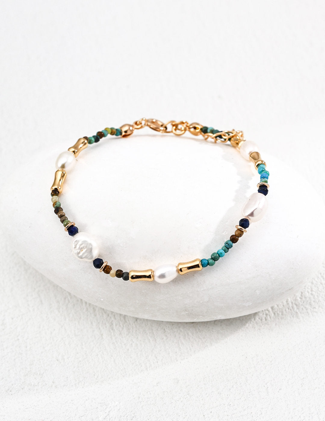 Vintage Pearl, Lapis Lazuli & Turquoise Bracelet – 925 Sterling Silver for Birthday Gift