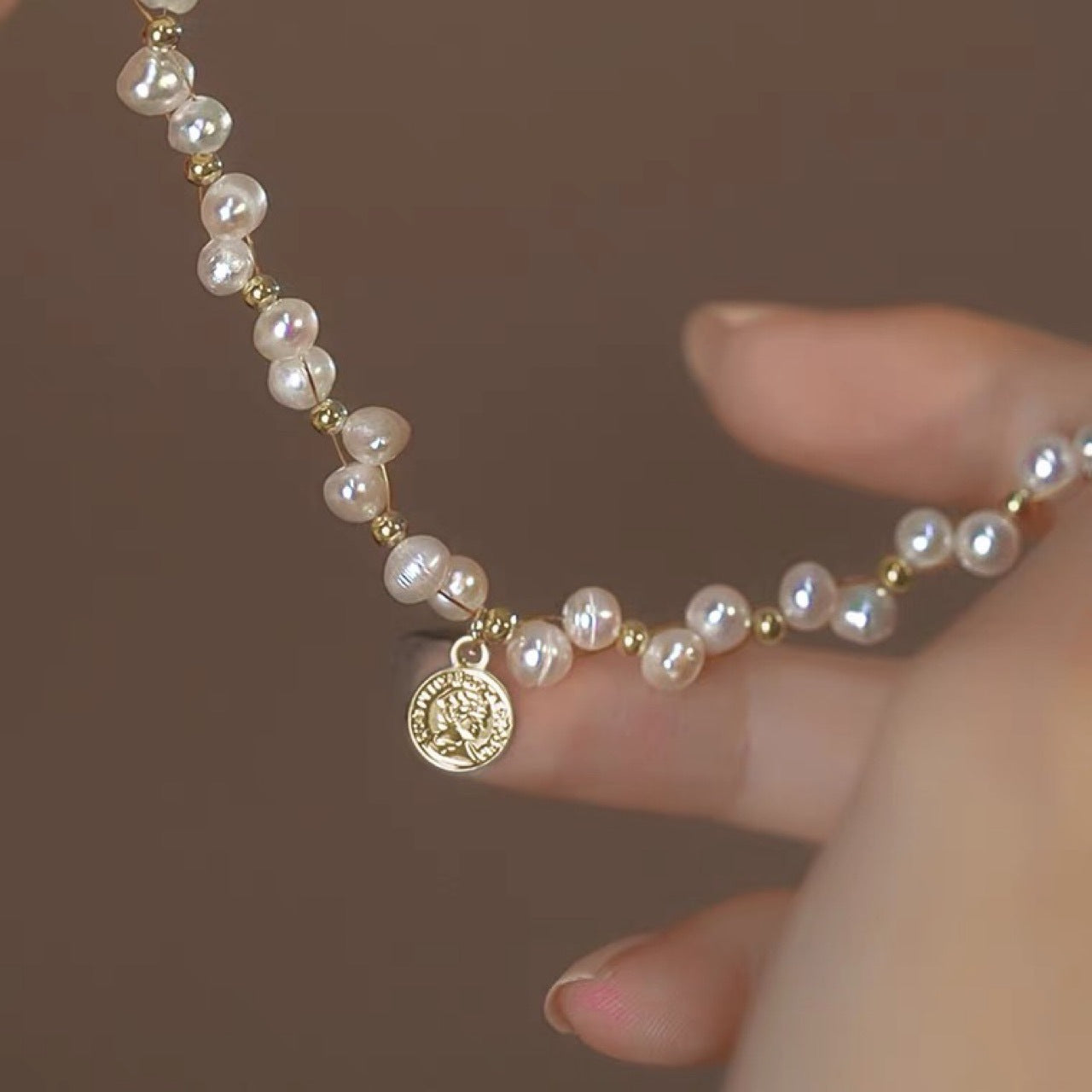 Natural Baroque Freshwater Pearl Bracelet with Portrait Charm