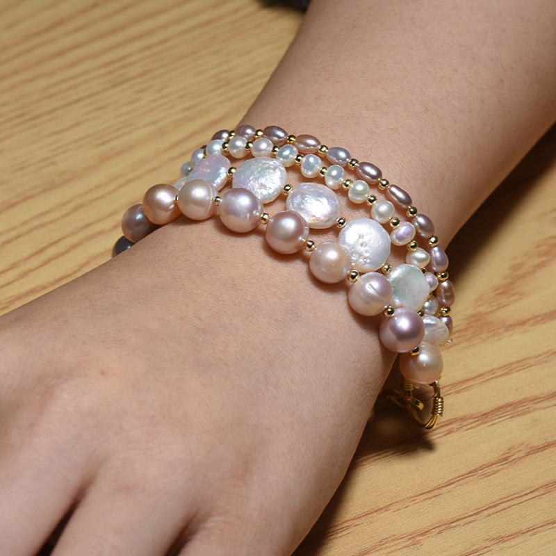 4-Layer Baroque Freshwater Pearl Bracelet | White, Pink & Purple Pearls