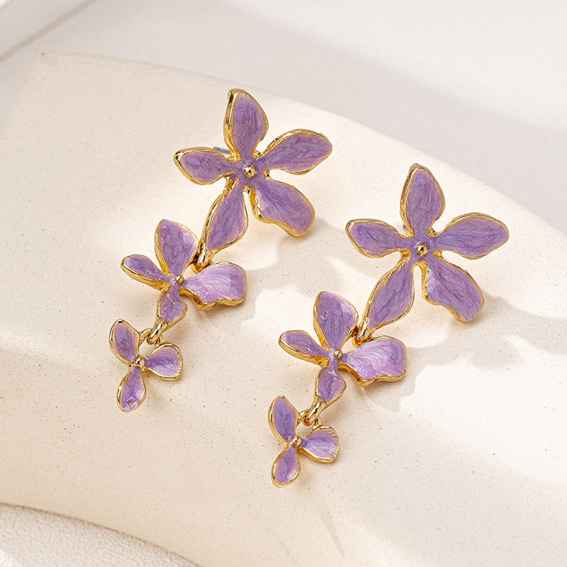Elegant Long Metal Tassel Enamel Floral Earrings for Women