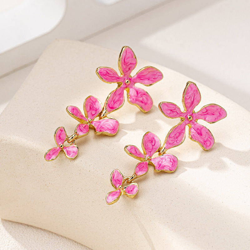 Elegant Long Metal Tassel Enamel Floral Earrings for Women