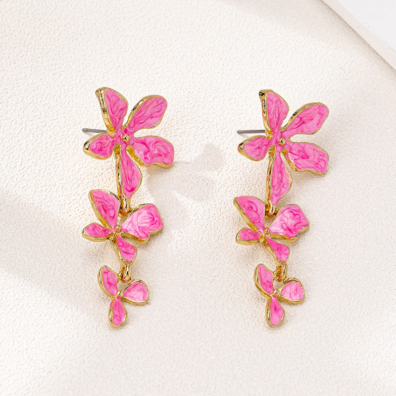 Elegant Long Metal Tassel Enamel Floral Earrings for Women