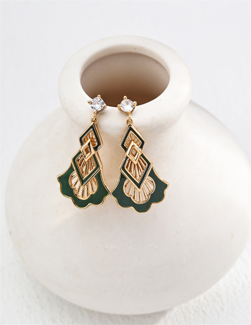 Vintage Forest Green Enamel Drop Zircon Earrings