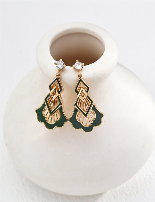 Vintage Forest Green Enamel Drop Zircon Earrings