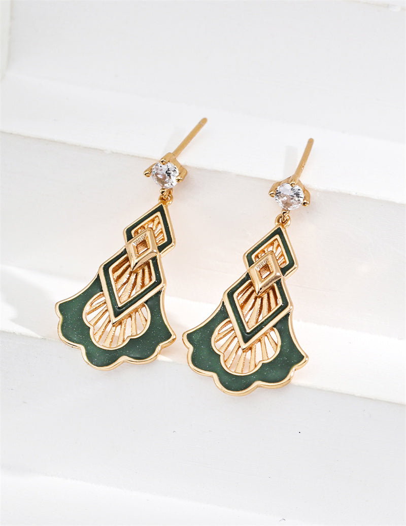 Vintage Forest Green Enamel Drop Zircon Earrings