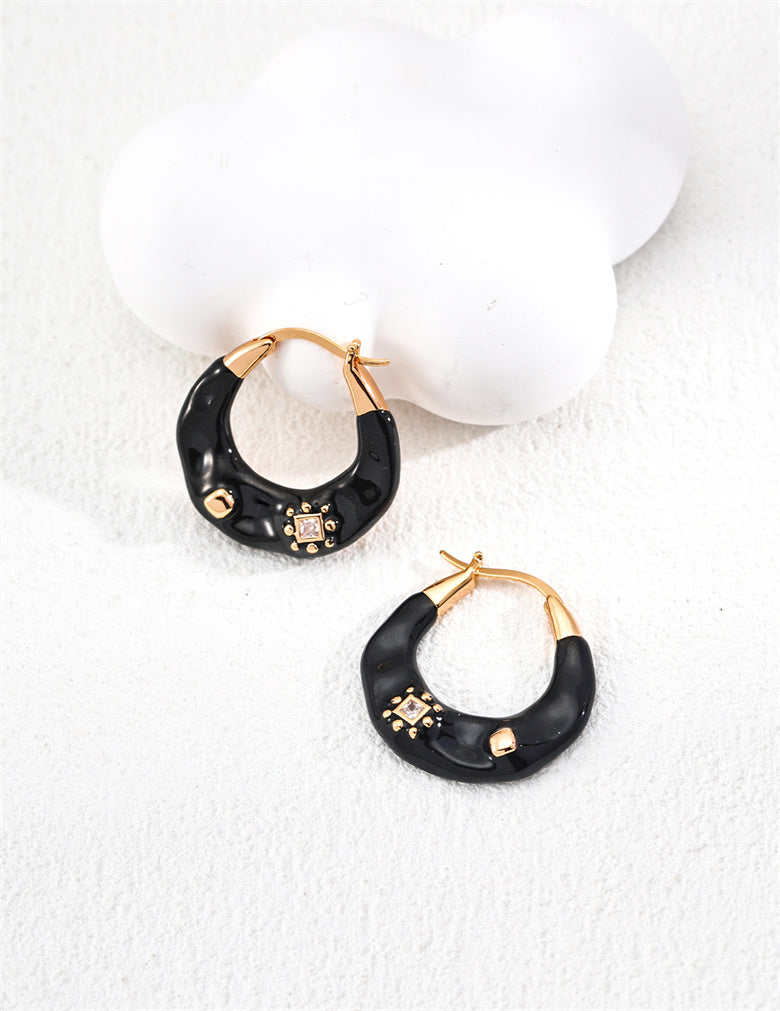 Vintage Black Enamel Zircon Pendant Hoop Earrings – S925 Sterling Silver with Gold Finish