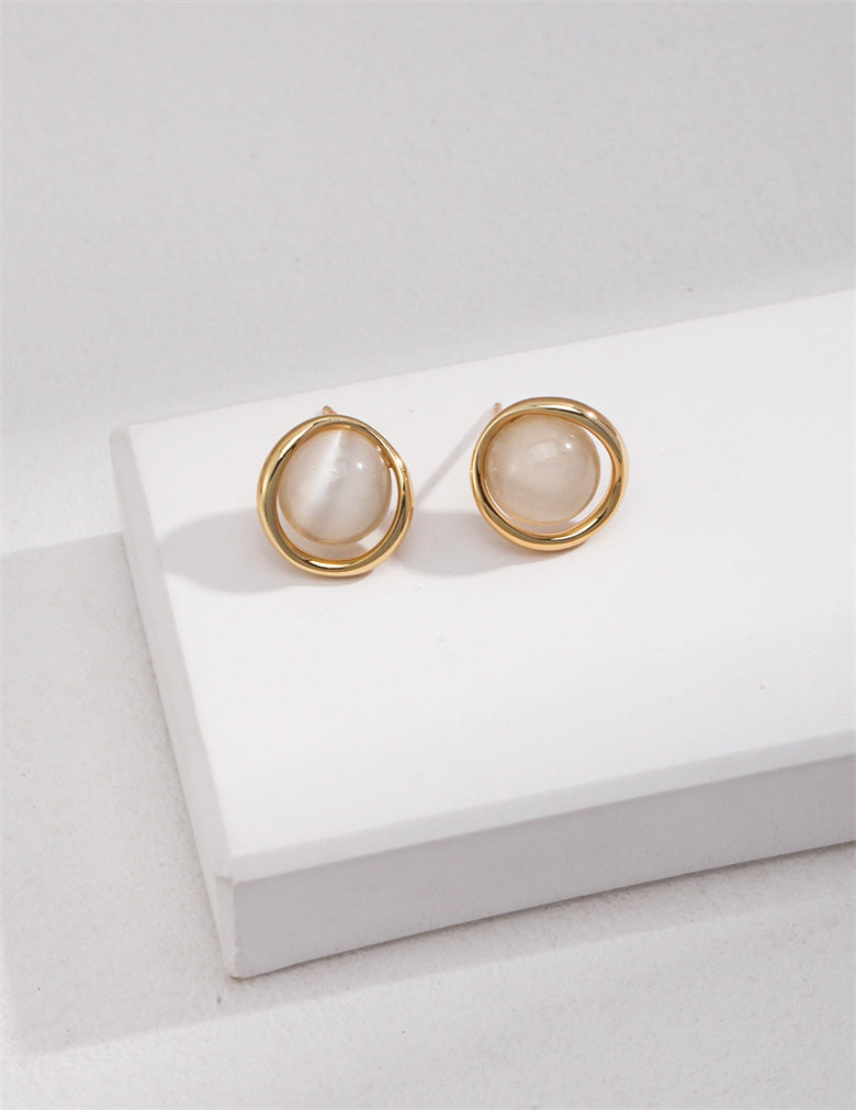 Sterling Silver Synthetic Cat’s Eye Round Stud Earrings