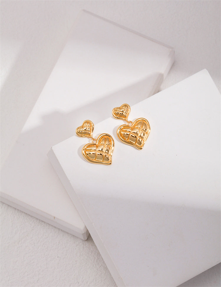 Boucles d'oreilles pendantes en forme de cœur en argent S925 avec motif double diamant
