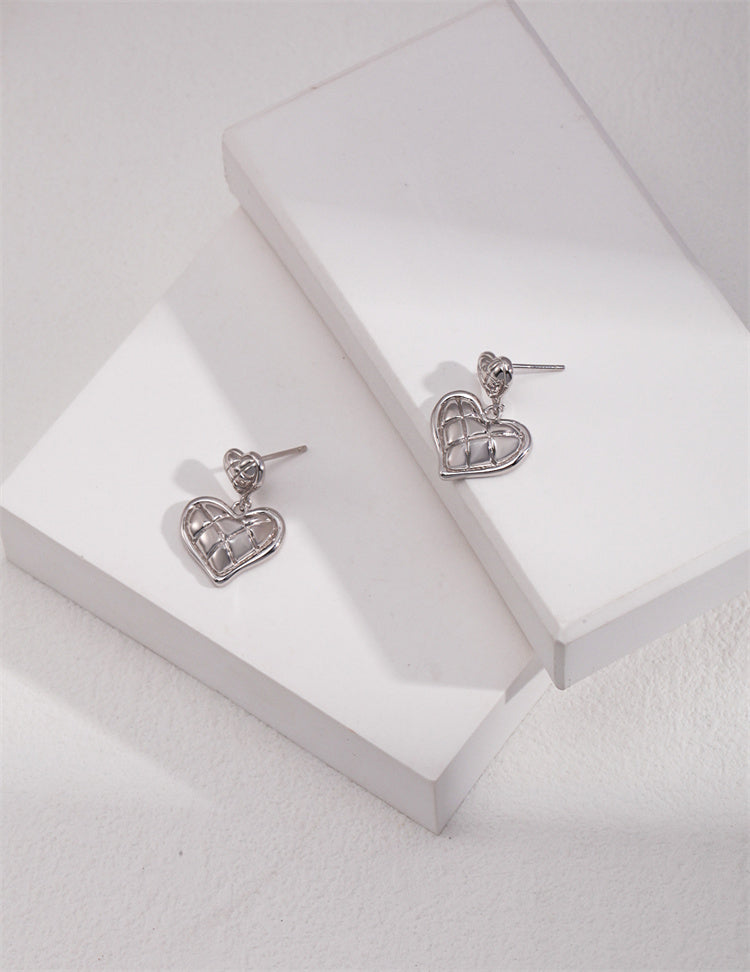 Boucles d'oreilles pendantes en forme de cœur en argent S925 avec motif double diamant