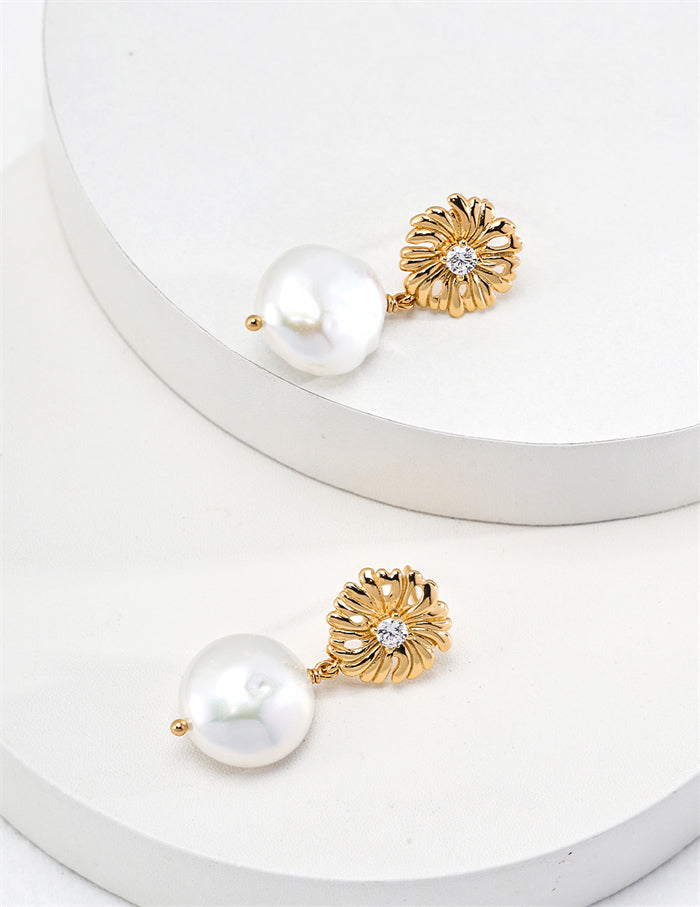 S925 Silver Baroque Pearl & Zircon Flower Drop Earrings