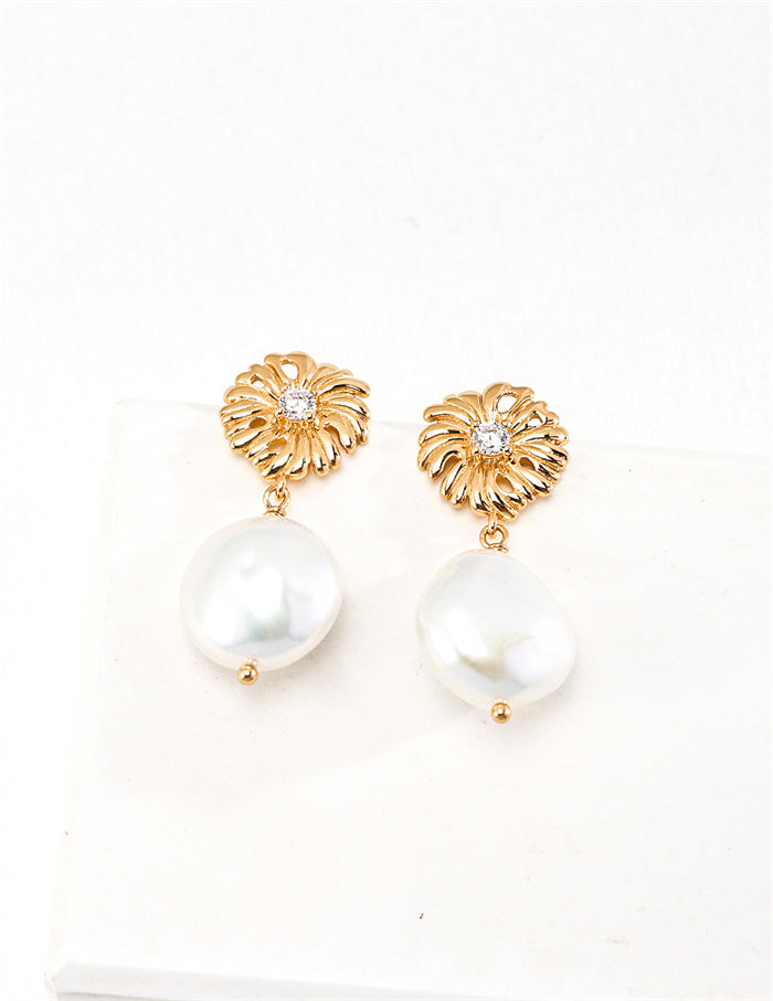 S925 Silver Baroque Pearl & Zircon Flower Drop Earrings
