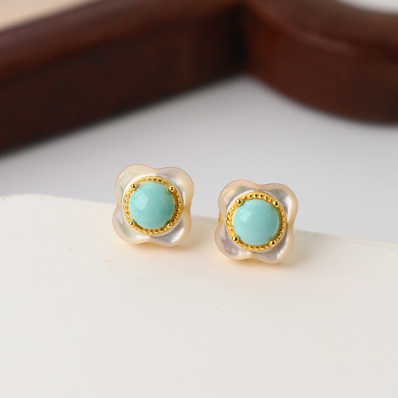 Boucles d'oreilles à tige vintage en turquoise et coquillages