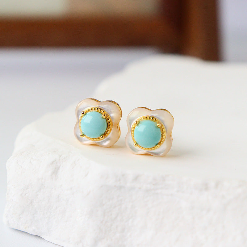 Boucles d'oreilles à tige vintage en turquoise et coquillages