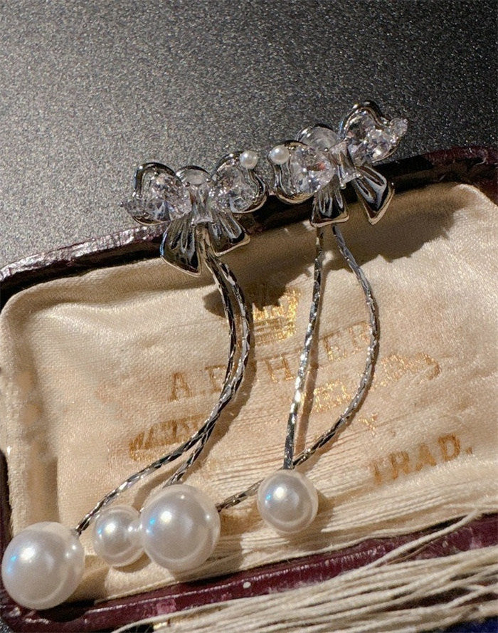 Pearl Zircon Bow Earrings