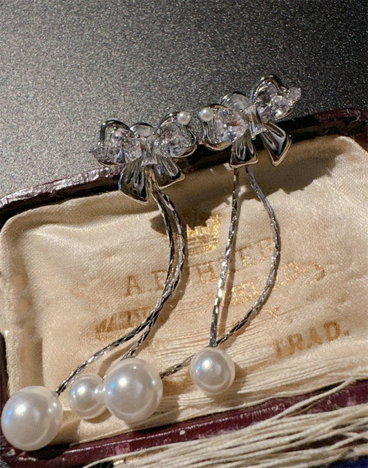 Pearl Zircon Bow Earrings