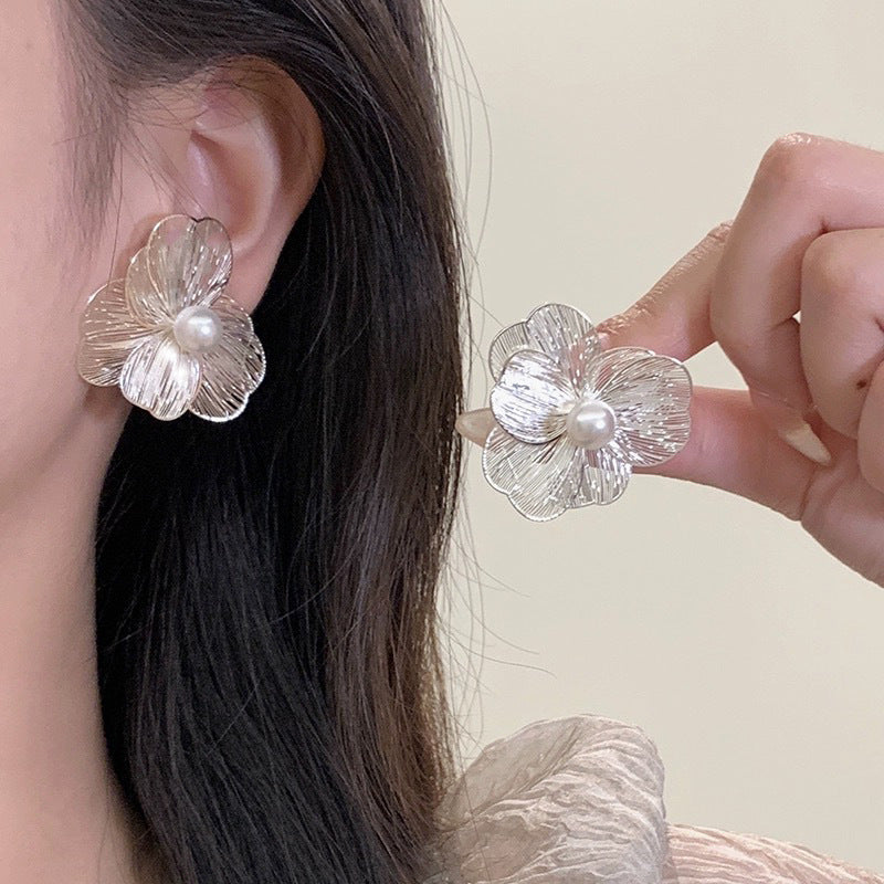 Camellia Pearl Stud Earrings with Hollow Flower Design