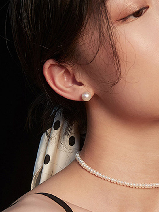 Vintage Gold / Platinum Classic Round Natural Pearl Stud Earrings – 925 Sterling Silver