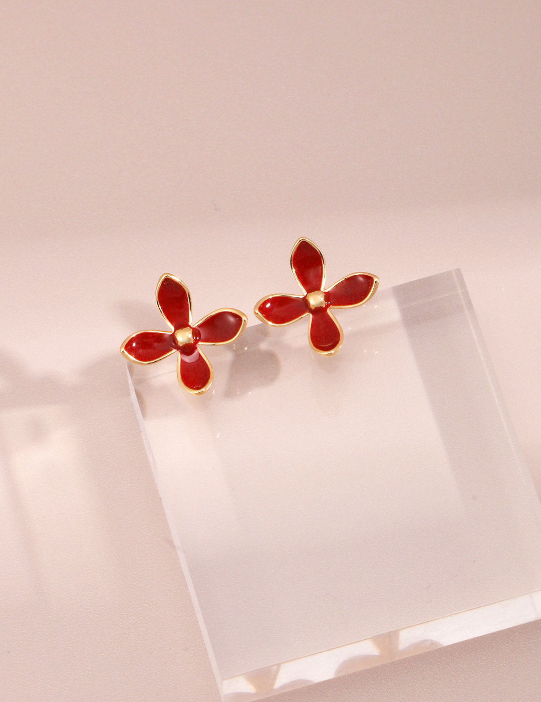 Minimalist Red Floral Stud Earrings – 925 Sterling Silver, Dainty Gold-Tone Design