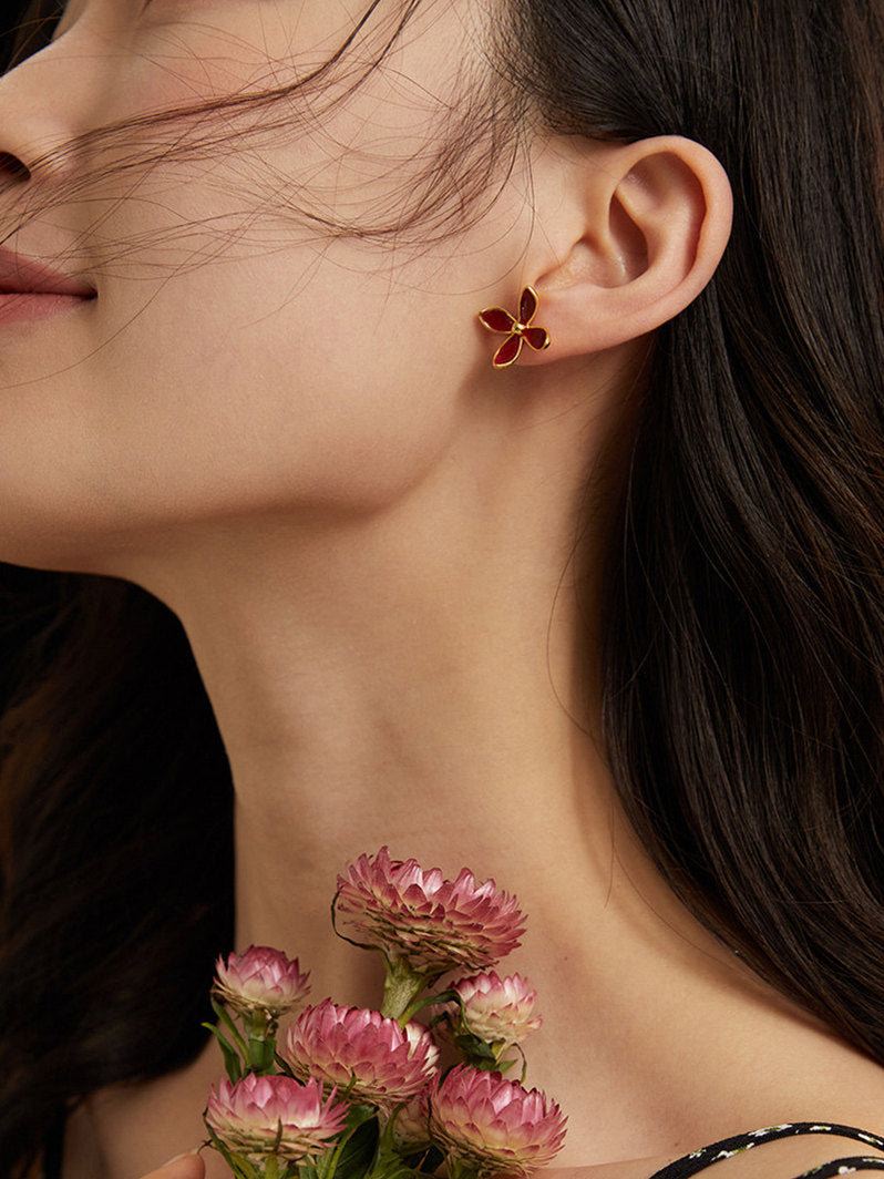 Minimalist Red Floral Stud Earrings – 925 Sterling Silver, Dainty Gold-Tone Design