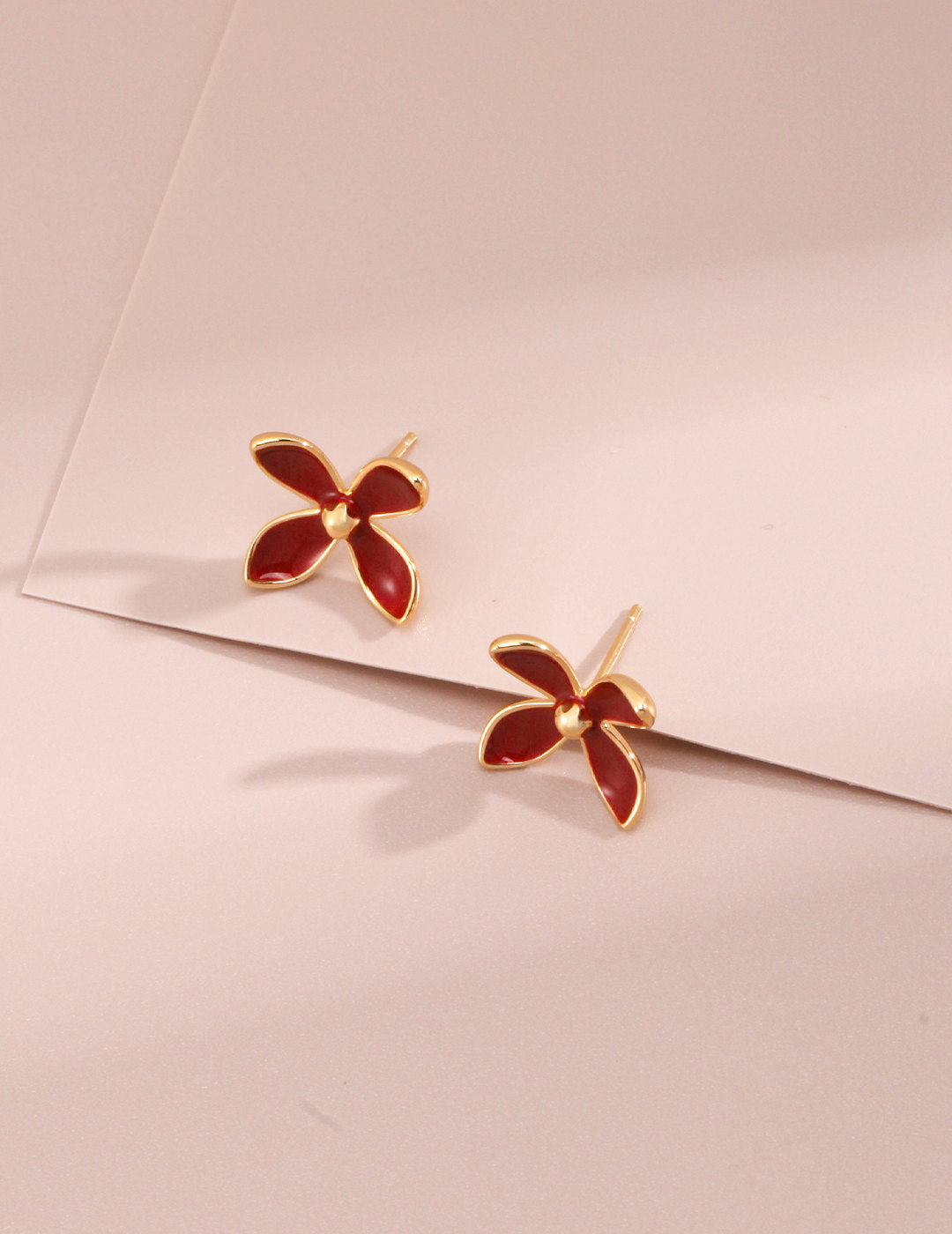 Minimalist Red Floral Stud Earrings – 925 Sterling Silver, Dainty Gold-Tone Design