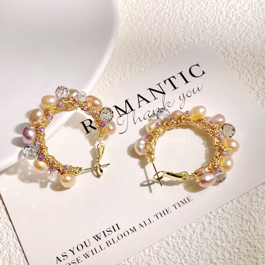 Handmade Colorful Pearl Wire-Wrapped Hoop Earrings – Statement Luxury Style