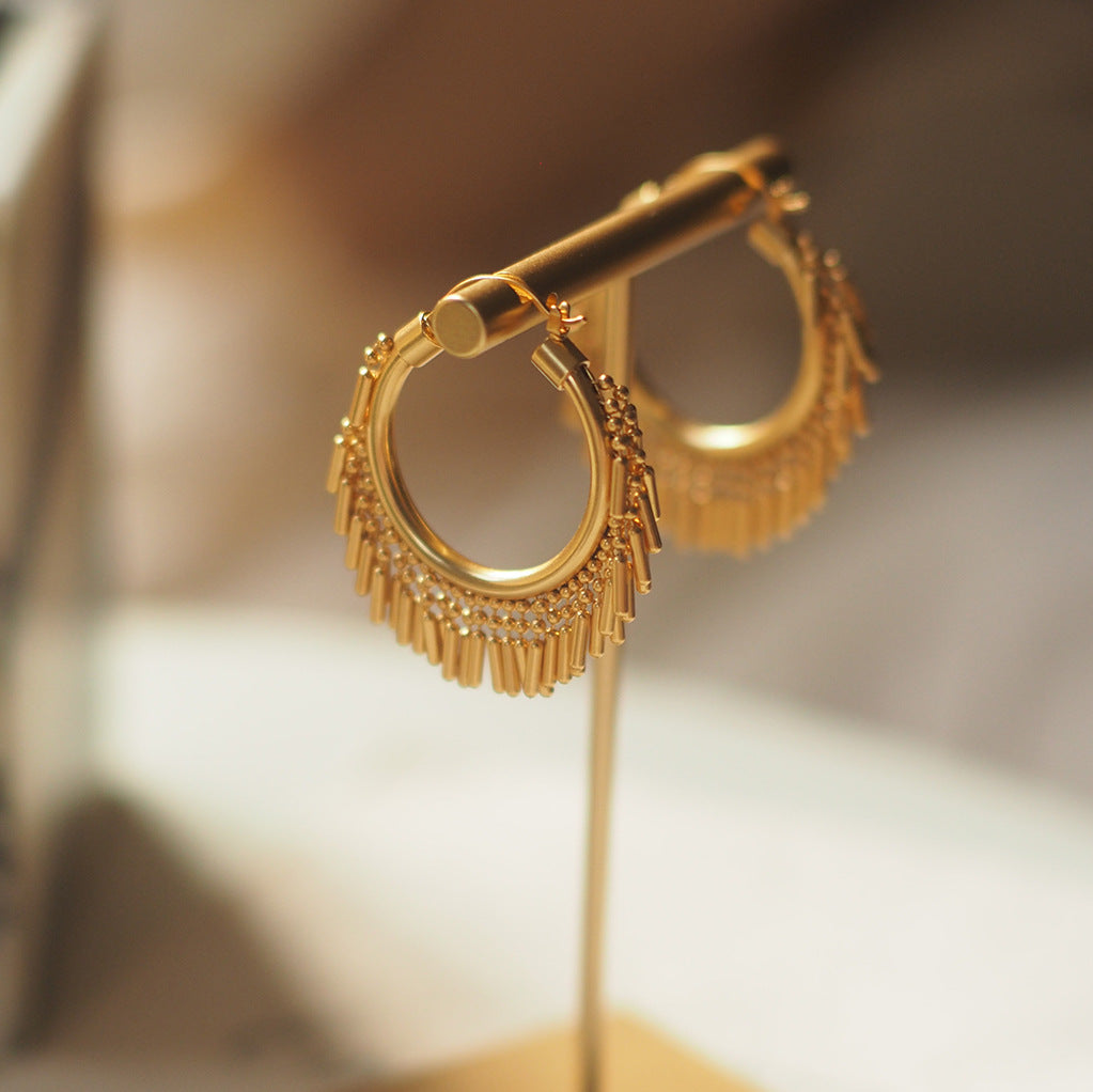 Minimalist Vintage Matte Tassel Hoop Earrings – Gold Plated