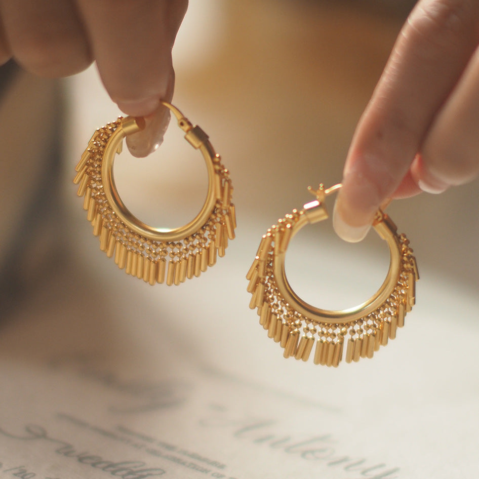 Minimalist Vintage Matte Tassel Hoop Earrings – Gold Plated