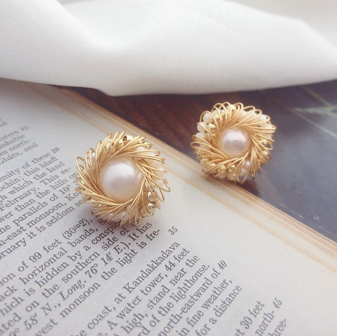Handcrafted Wire-Wrapped Gold Bead & Freshwater Pearl Stud Earrings