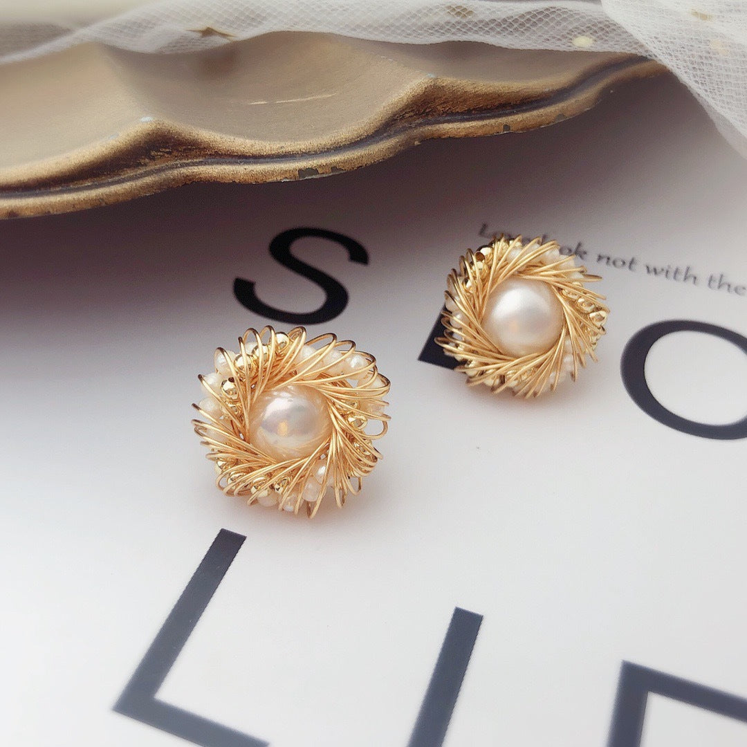 Handcrafted Wire-Wrapped Gold Bead & Freshwater Pearl Stud Earrings