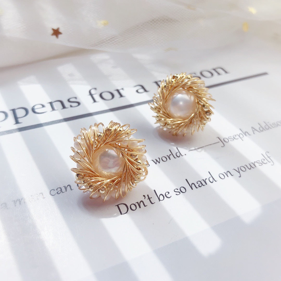 Handcrafted Wire-Wrapped Gold Bead & Freshwater Pearl Stud Earrings
