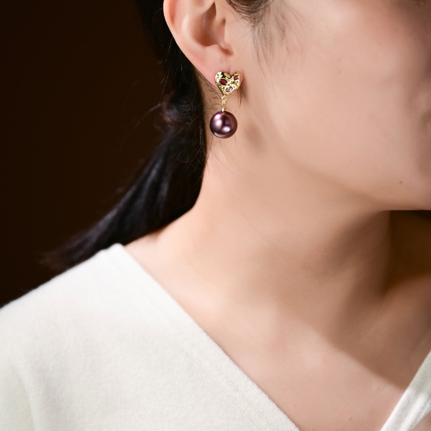Baroque Pearl Drop Earrings with Lava Heart & Colored Cubic Zirconia – Gold Plated