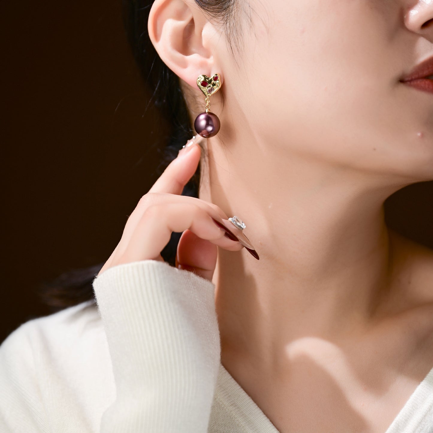 Baroque Pearl Drop Earrings with Lava Heart & Colored Cubic Zirconia – Gold Plated