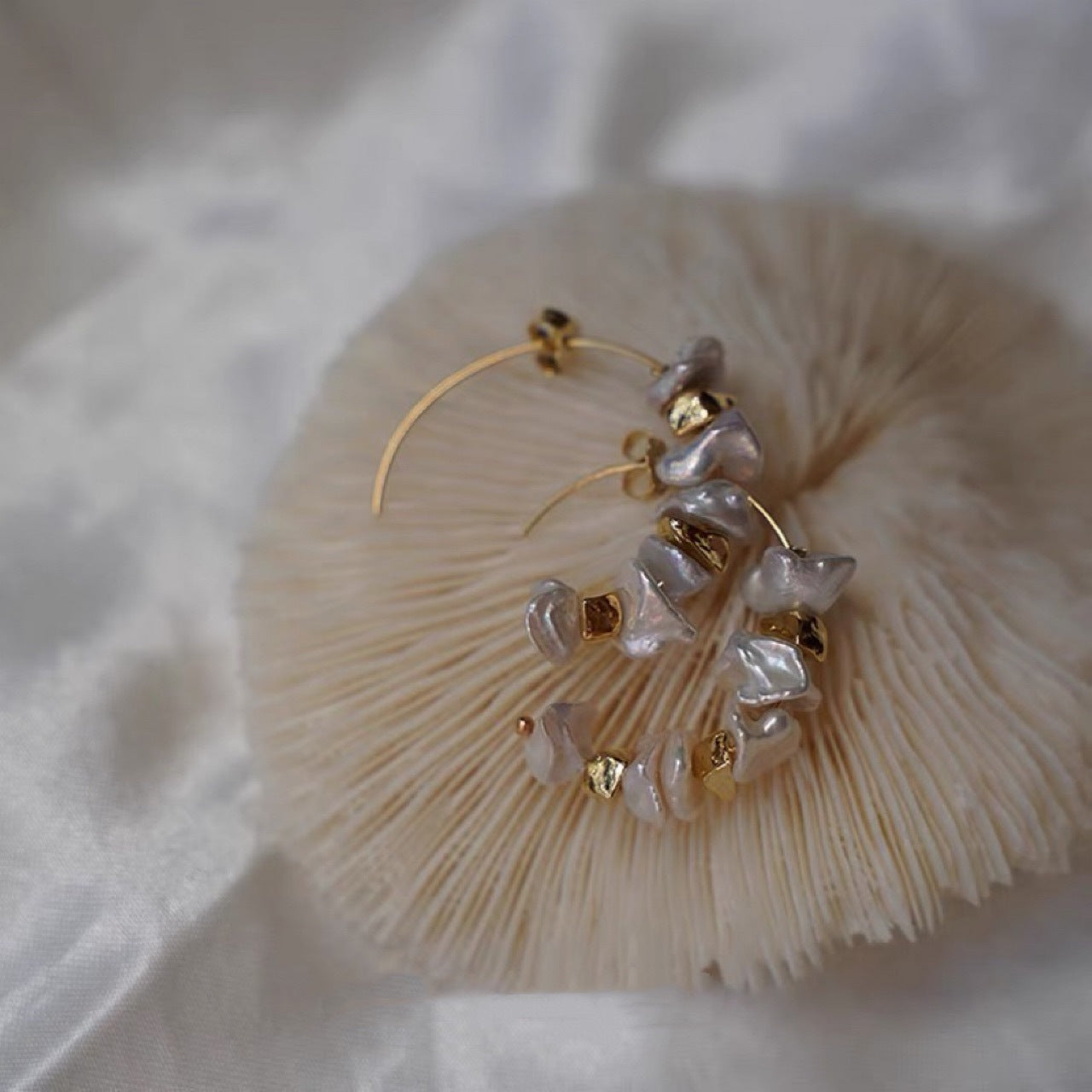 Baroque Pearl Earrings with Silver Flakes & Gold Beads for Travel, Dates & Parties