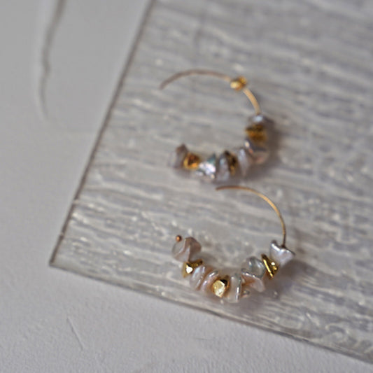 Baroque Pearl Earrings with Silver Flakes & Gold Beads for Travel, Dates & Parties