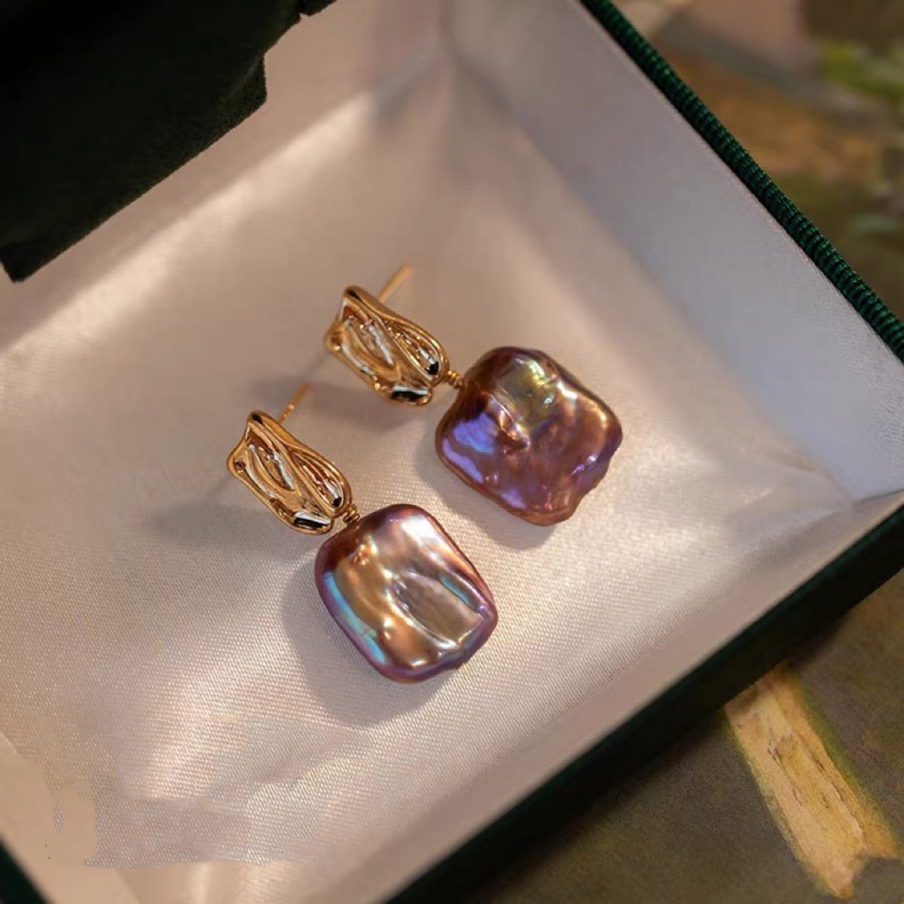 Natural Mauve Square Baroque Pearl Drop Earrings – Unique Statement Jewelry