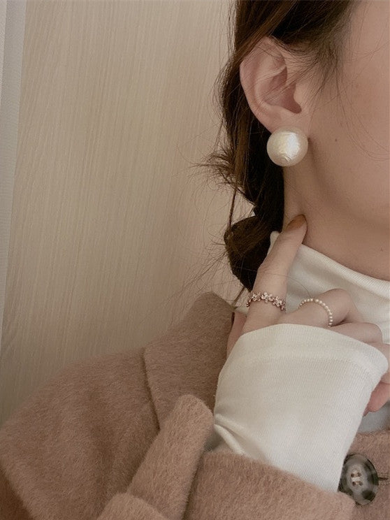 Handmade S925 Silver Big Cotton Pearl Stud Earrings for daily wear/wedding/party