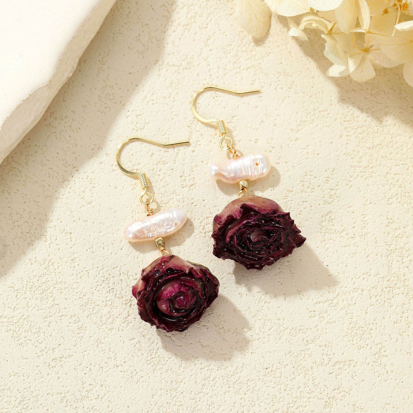 Real Rose Pearl Drop Earrings – Natural Flower Resin Jewelry with Freshwater Pearls