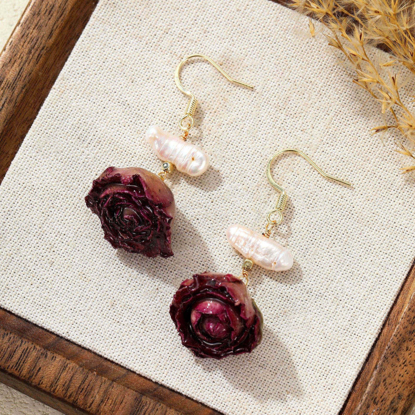Real Rose Pearl Drop Earrings – Natural Flower Resin Jewelry with Freshwater Pearls