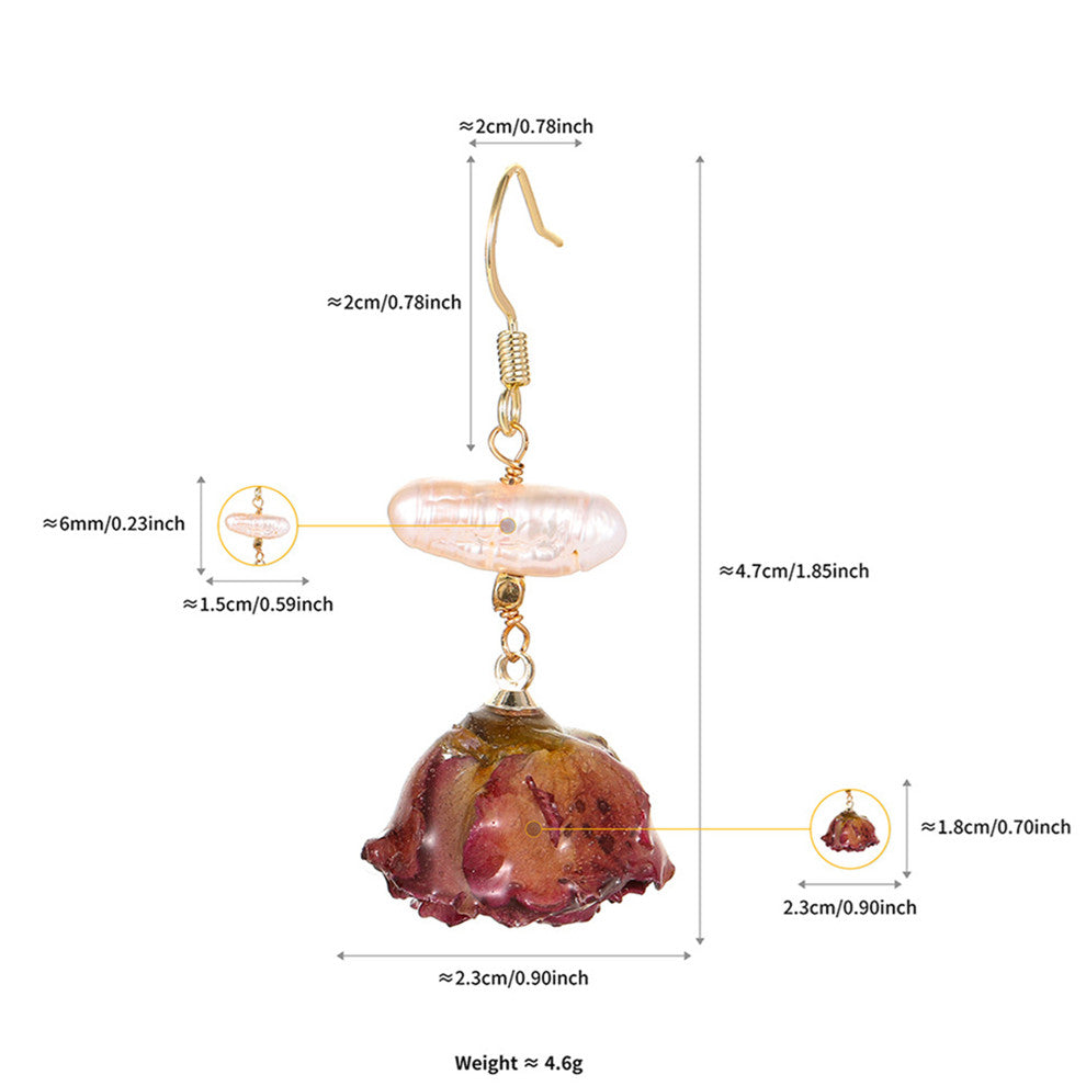 Real Rose Pearl Drop Earrings – Natural Flower Resin Jewelry with Freshwater Pearls