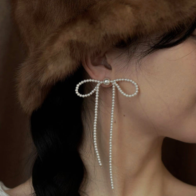 Pearl Bow Tassel Earrings – Oversized Long Statement Dangle with S925 Silver Posts