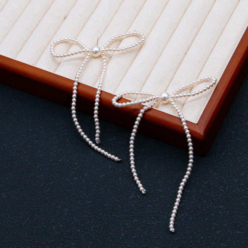Pearl Bow Tassel Earrings – Oversized Long Statement Dangle with S925 Silver Posts