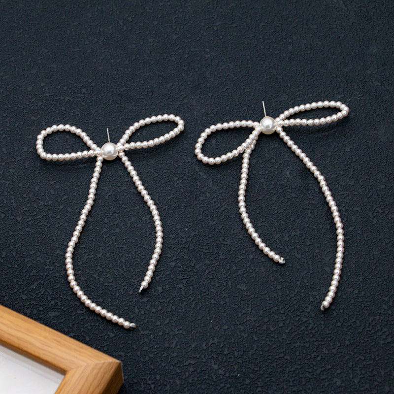 Pearl Bow Tassel Earrings – Oversized Long Statement Dangle with S925 Silver Posts