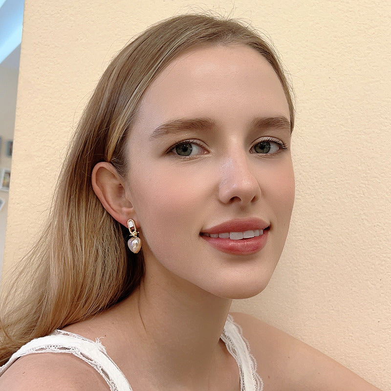 Heart-shaped Pearl Zircon Drop Earrings – with S925 Silver Posts